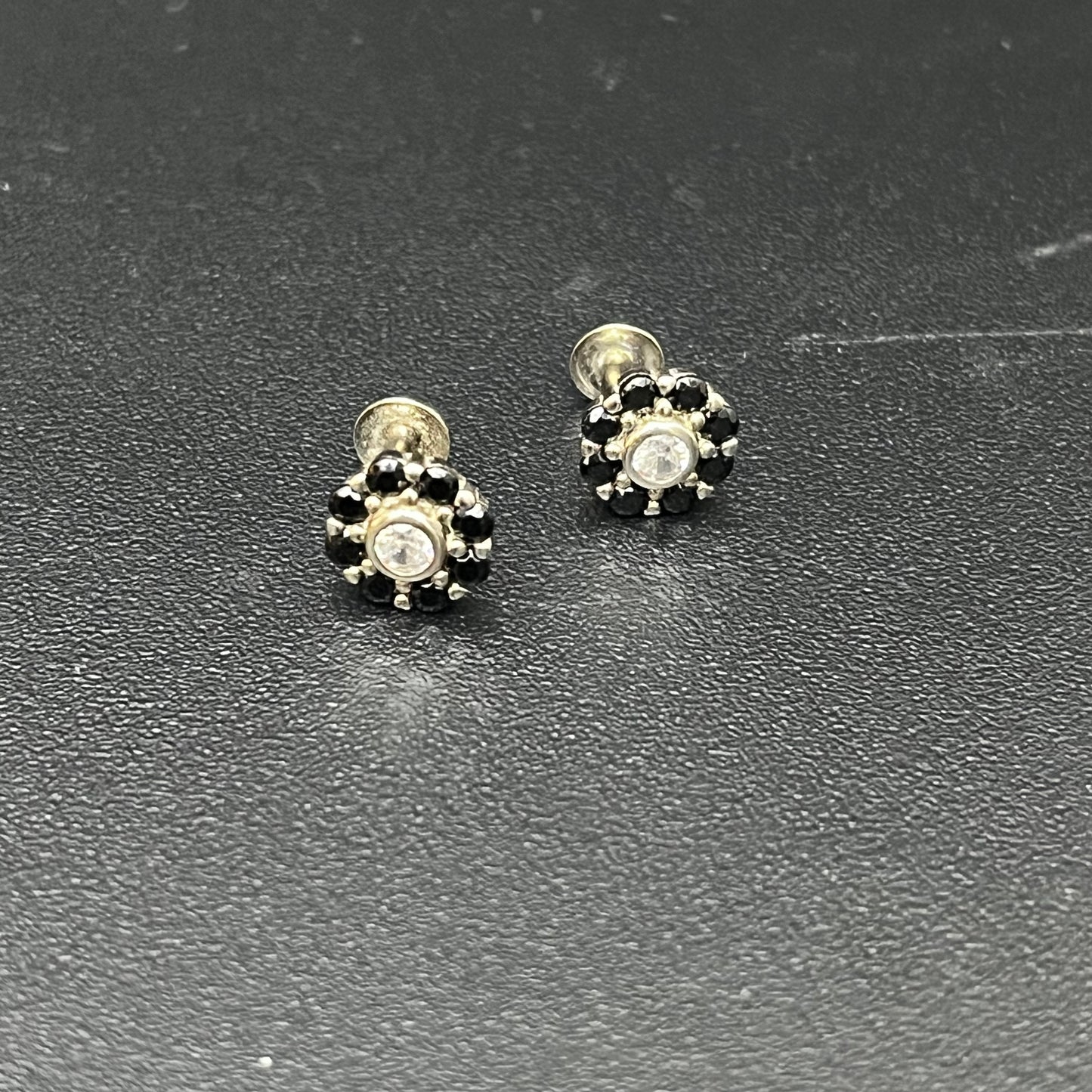 Silver Stud Black Stone Flower Design