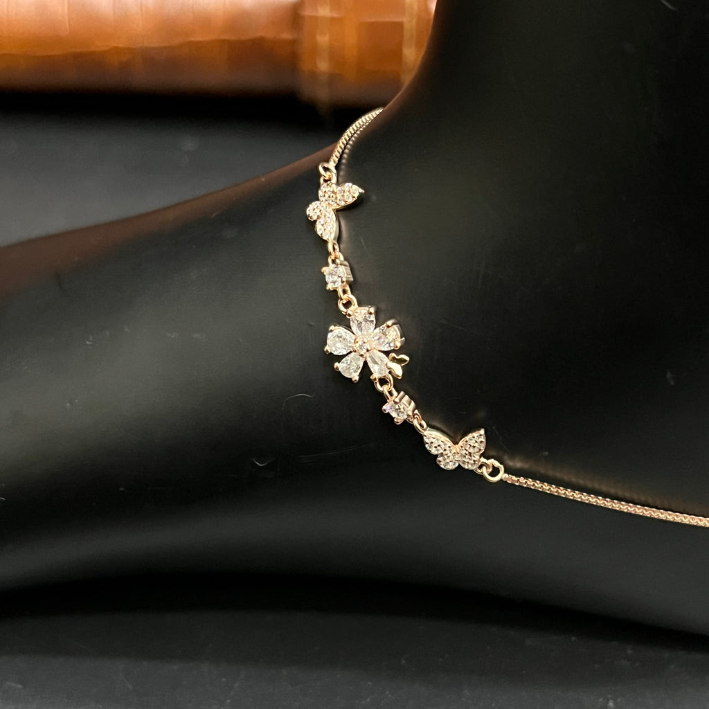 Silver Ladies Anklet Petal Butterfly Charms Rose Gold 925