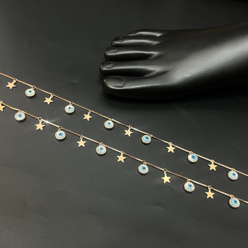 Silver Ladies Anklet Evil Eye & Star Charms
