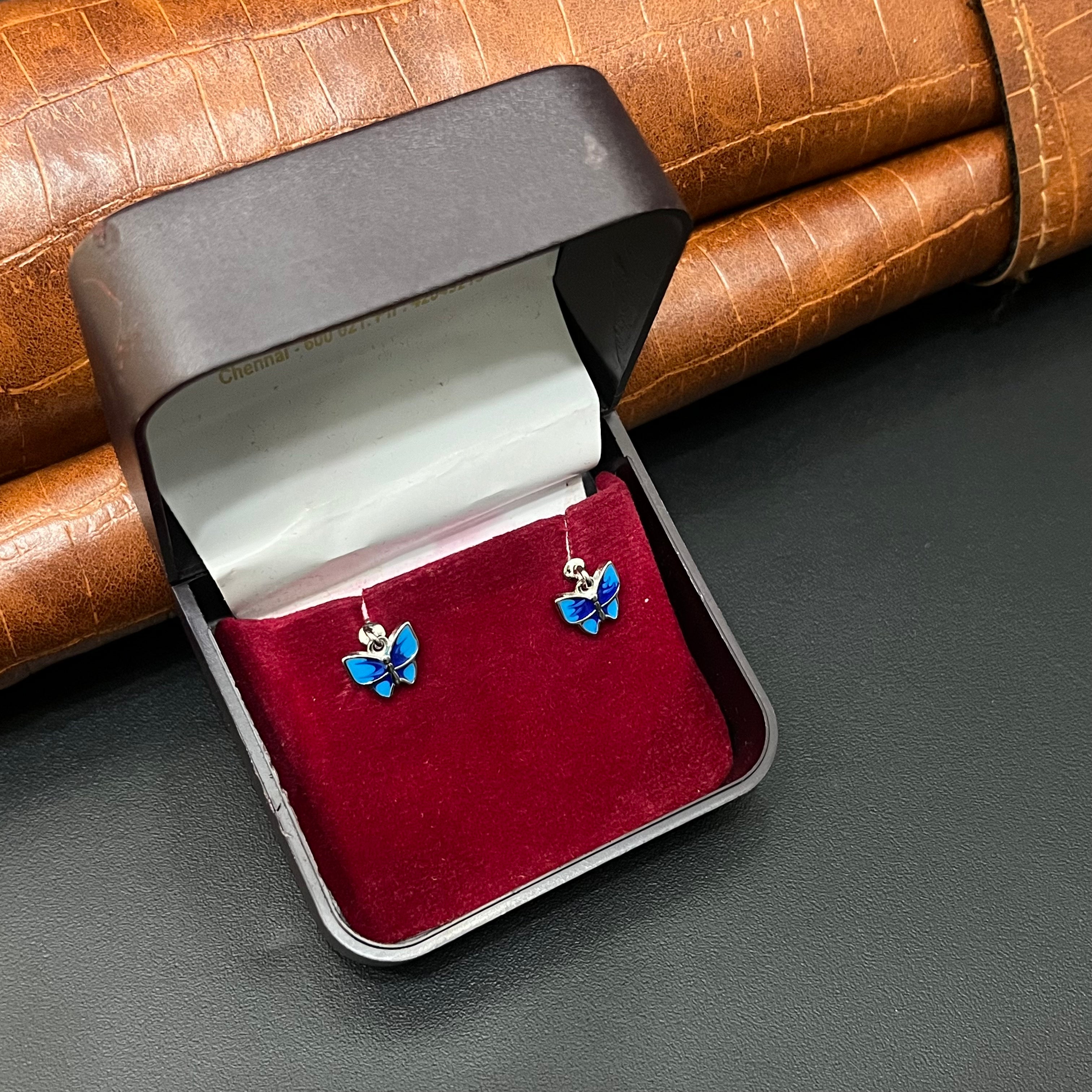 Silver Helix Studs Blue Butterfly