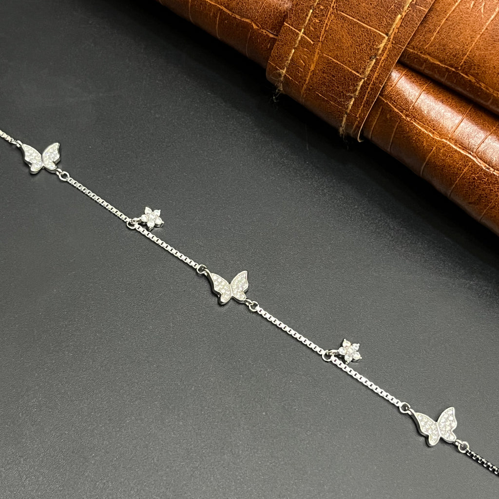 Silver Ladies Bracelet Three Butterfly & White Stars Charms 925