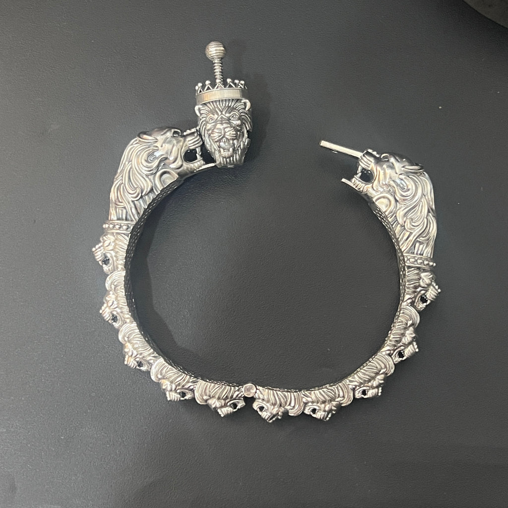 Silver Royal Lion Kada Antique Finished Solid