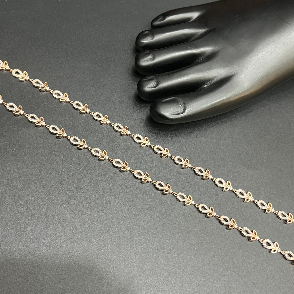 Silver Ladies Anklet Leaf & Crystal Elegance Rose Gold 925