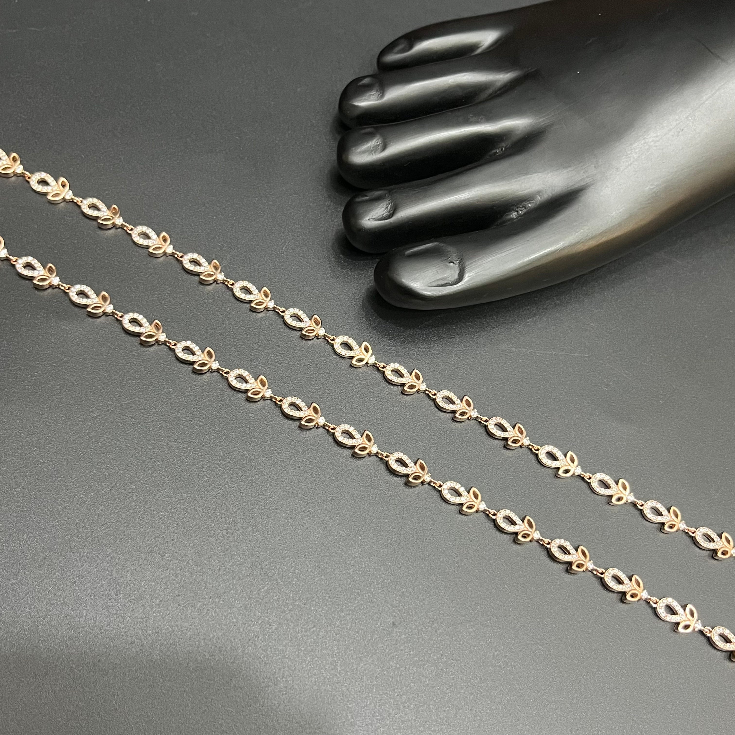 Silver Ladies Anklet Leaf & Crystal Elegance Rose Gold 925