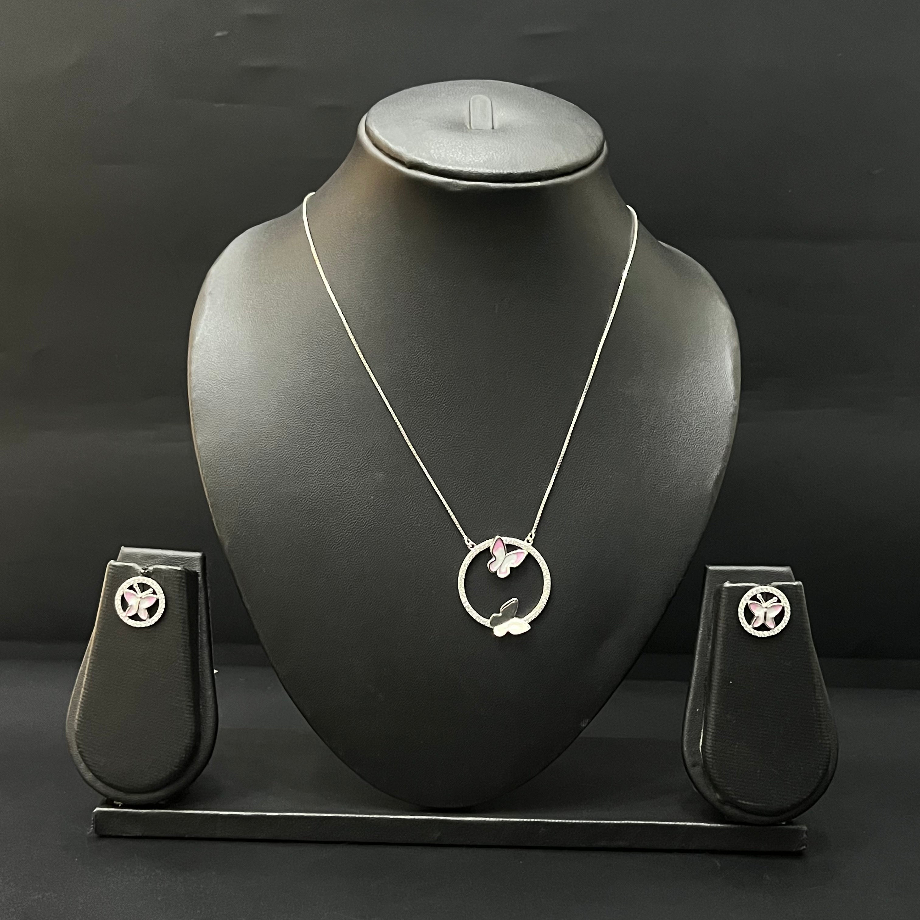 Silver Ladies Pendant Chain Circle Butterfly