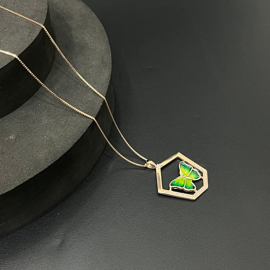 Silver Ladies Pendant Chain Butterfly Green