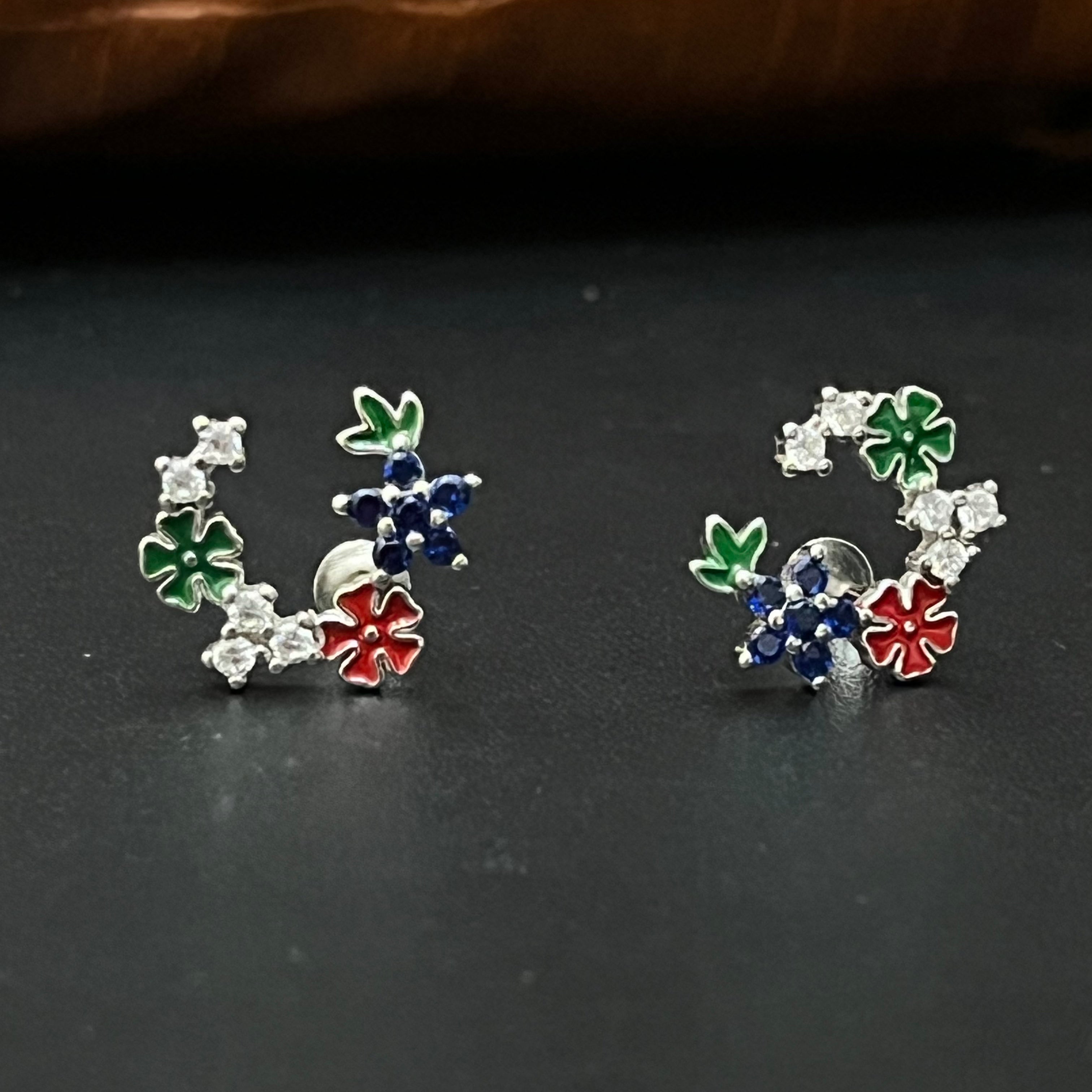 Silver Ladies Stud  Multi Color Rose