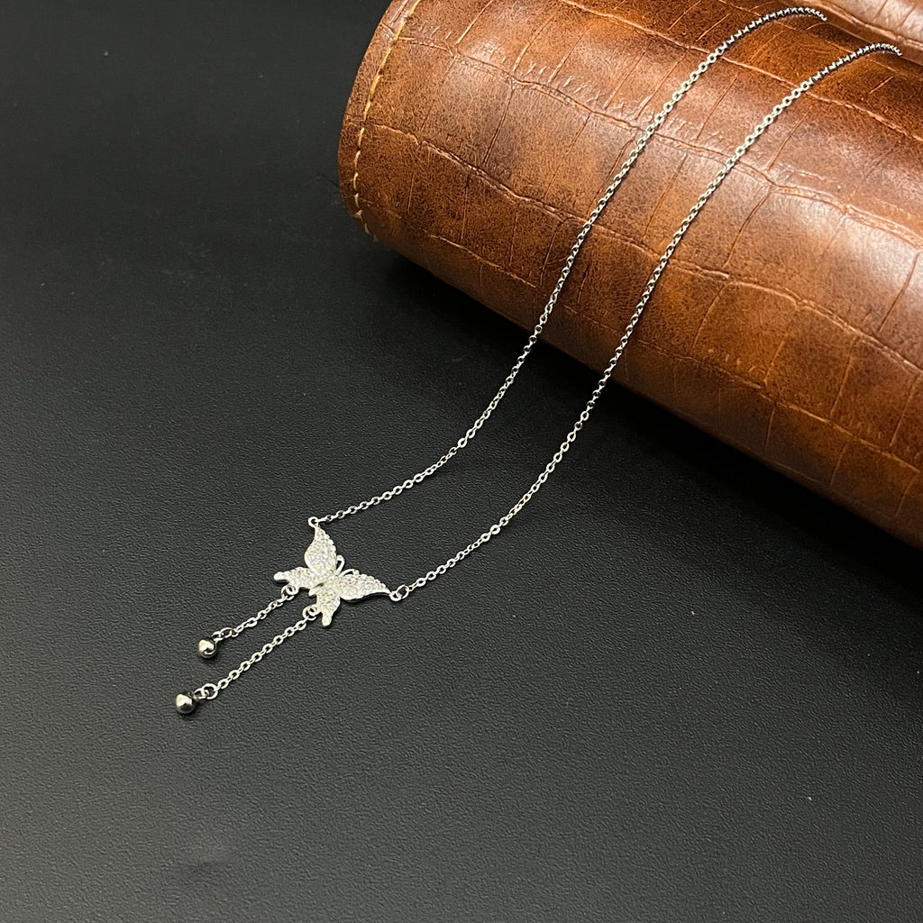 Silver Ladies Chain Butterfly With Pearl Double Hanging