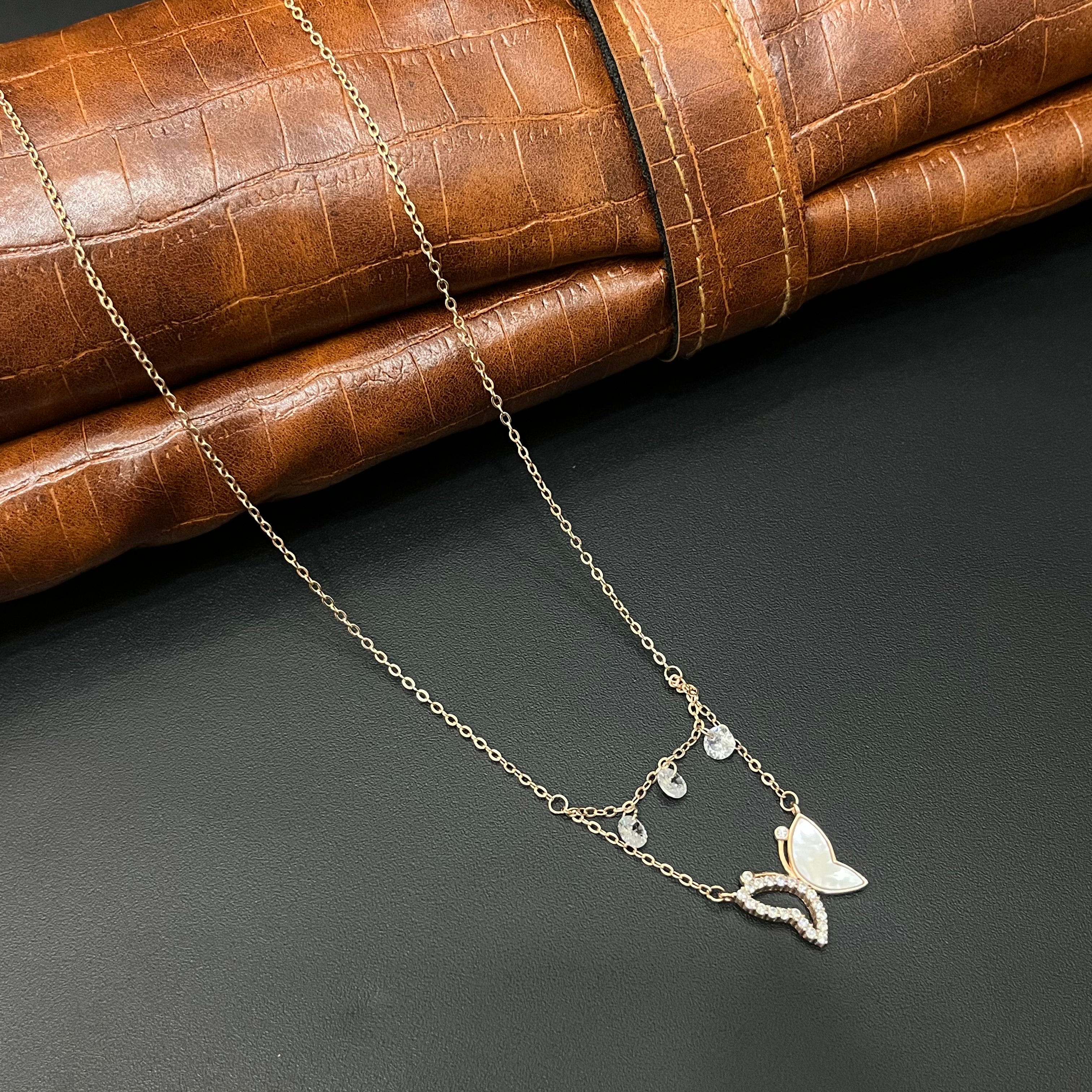 Silver Ladies Chain Butterfly & Cz Crsytal Drops