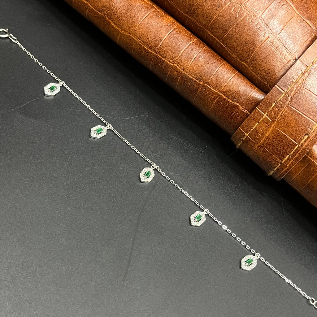 Silver Ladies Bracelet Royal Emerald Leaf Drop 925