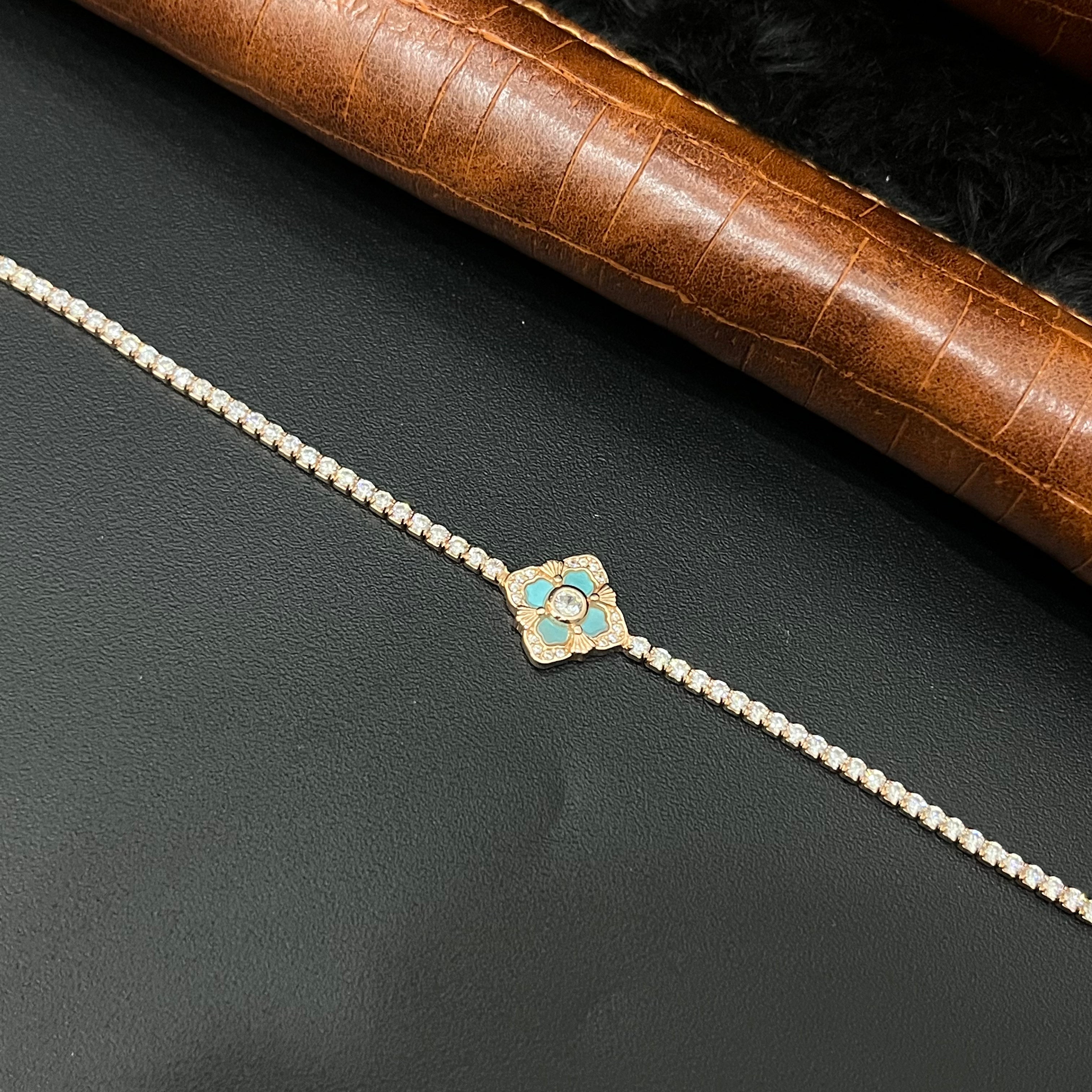 Silver Ladies Bracelet Flower Blue AD Stones