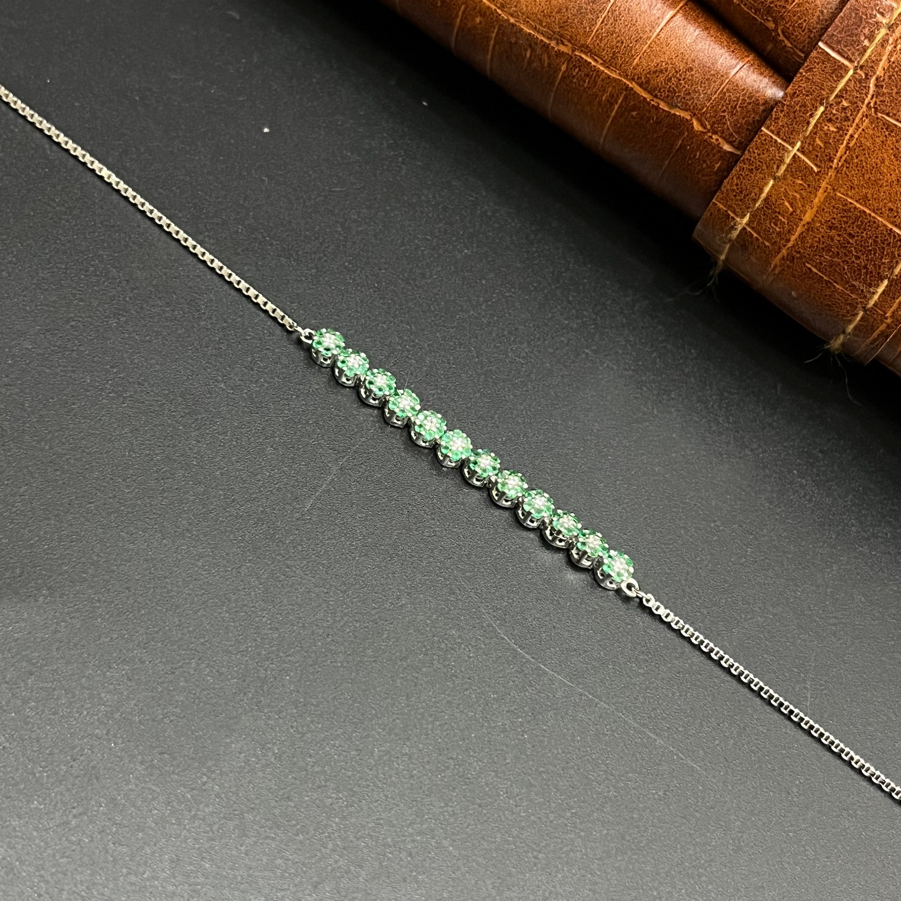 Silver Ladies Bracelet Green Floral Sparkle Stones 925