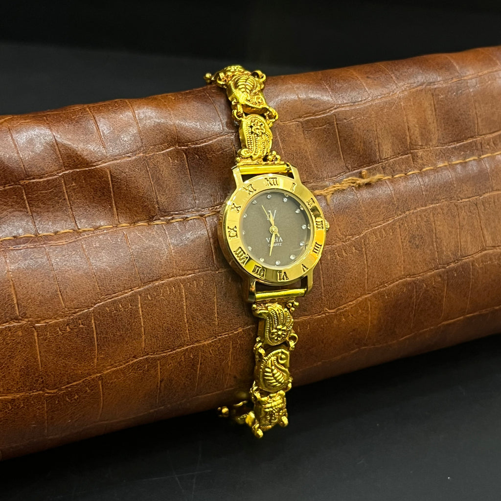 Silver Ladies Watch Antique Peacock With Lakshmi Gems Stones Gold Finish 925