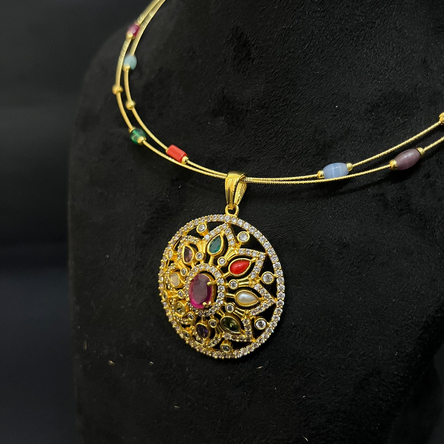 Silver Necklace Gold Finished Navratna Stones DS02