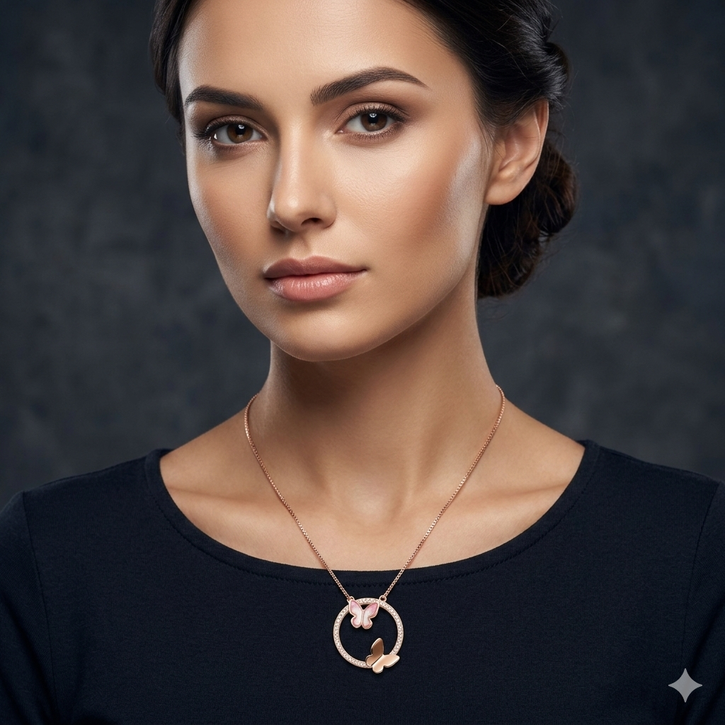 Silver Ladies Pendant Set Butterfly 2 Rosegold Circle