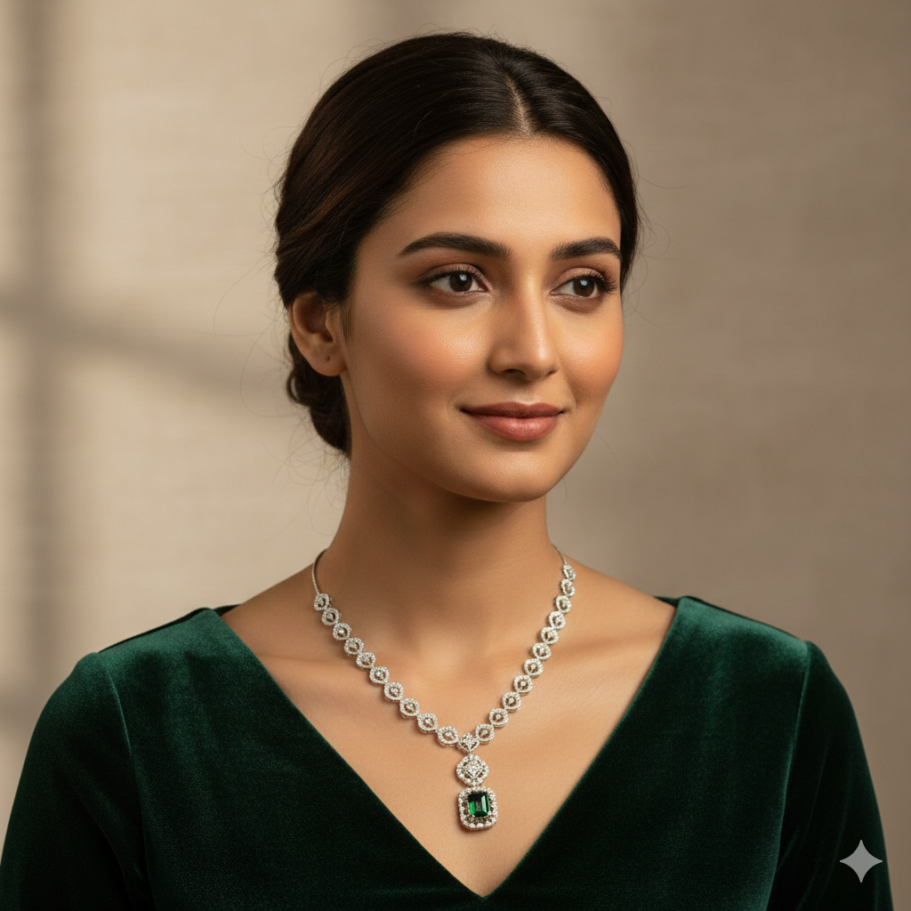 Pure Silver CZ American Diamond Necklace with Emerald Drop Stones