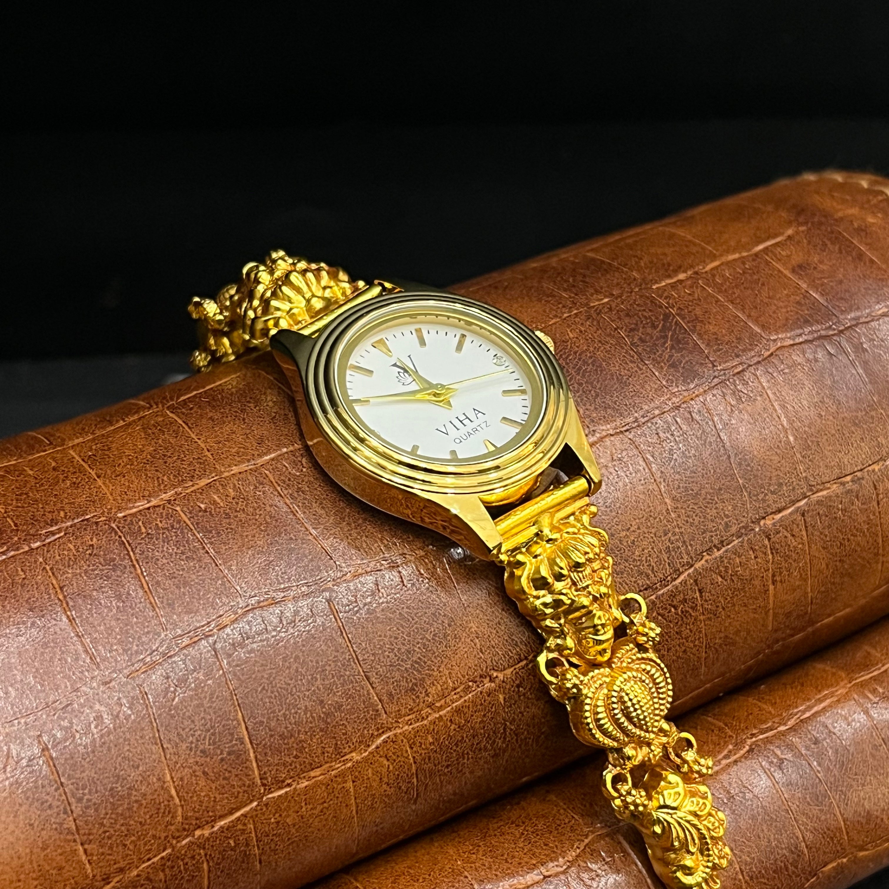 Silver Ladies Watch Antique Crown Lakshmi Art Gold Finish 925