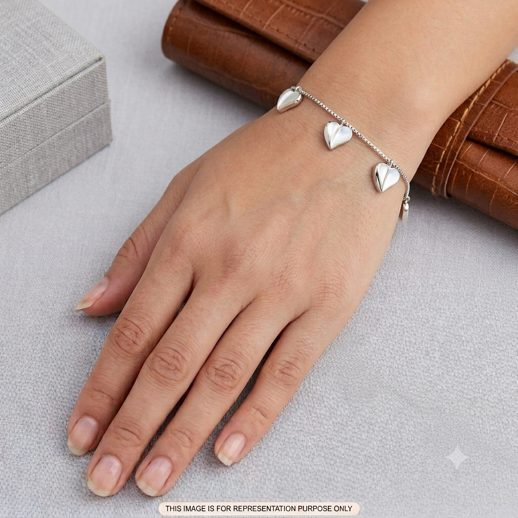 Silver Ladies Bracelet 3D Heart Charms 925