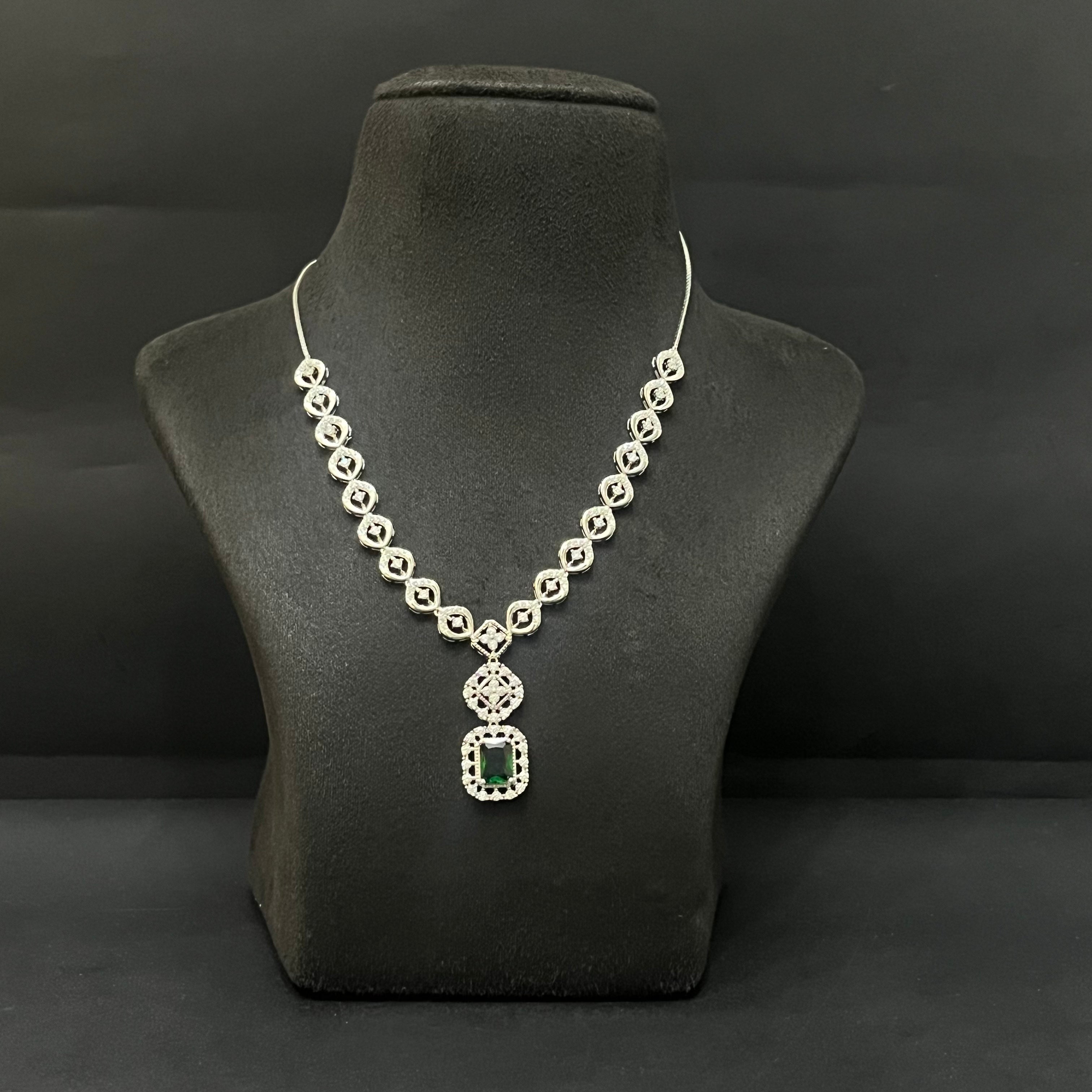 Pure Silver CZ American Diamond Necklace with Emerald Drop Stones