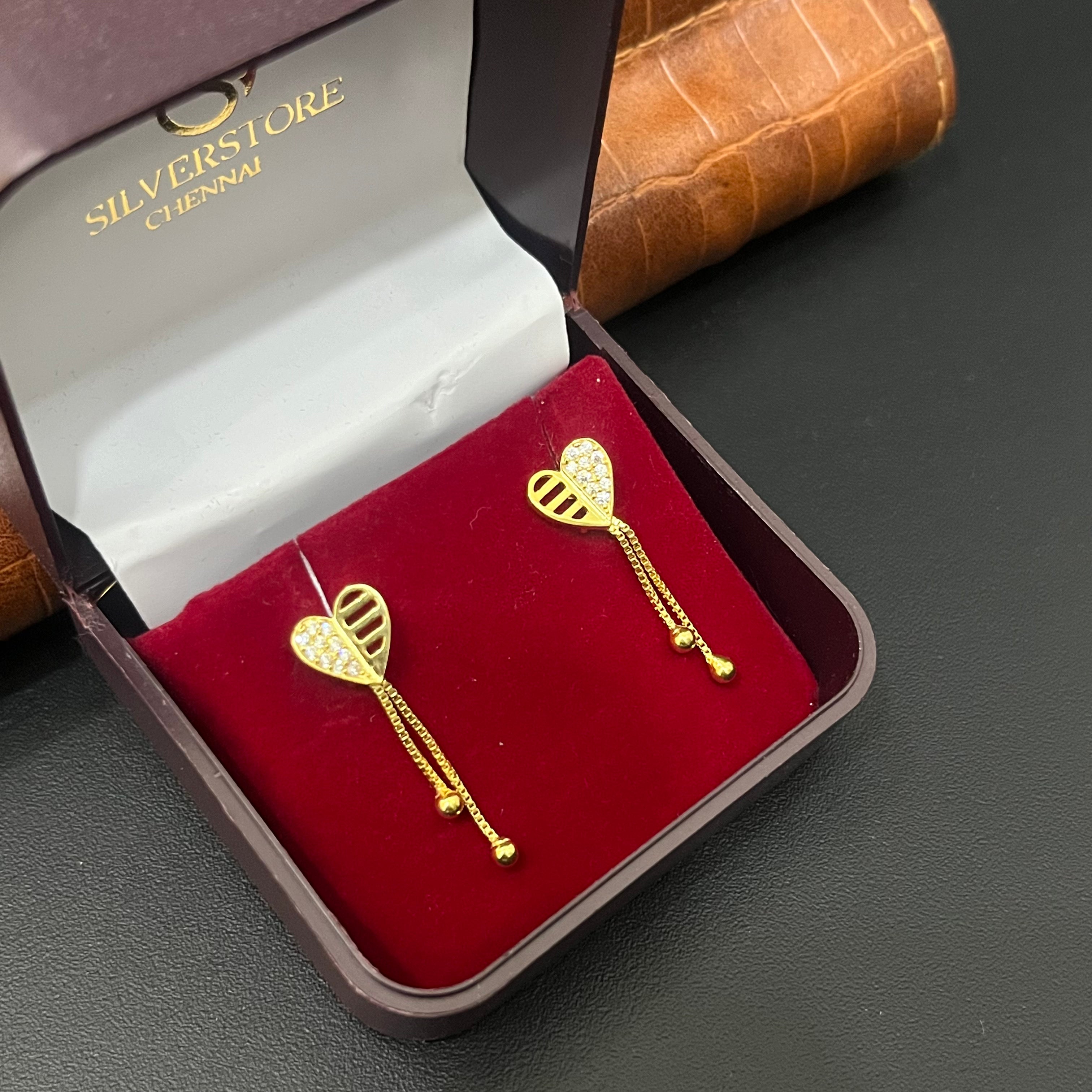 Silver Ladies Stud Heart Two Line Chain Drop Gold Finished 92.5