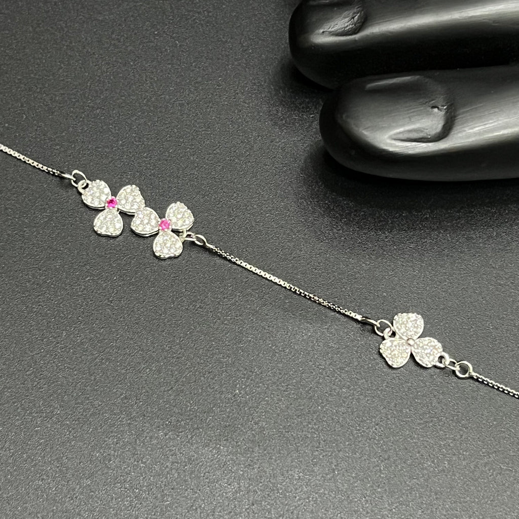 Silver Ladies Anklet Big Petal Pink Stone 925