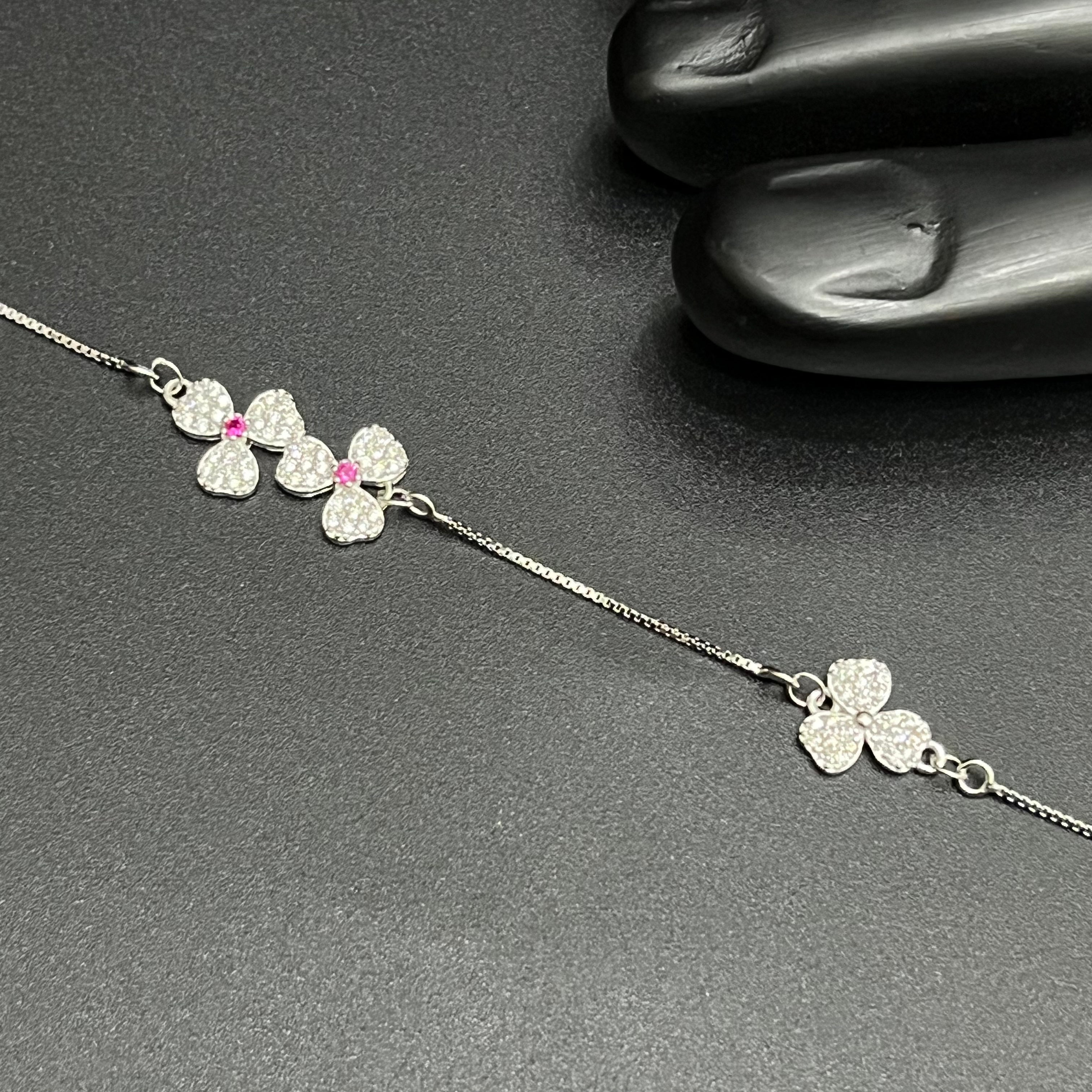 Silver Ladies Anklet Big Petal Pink Stone 925