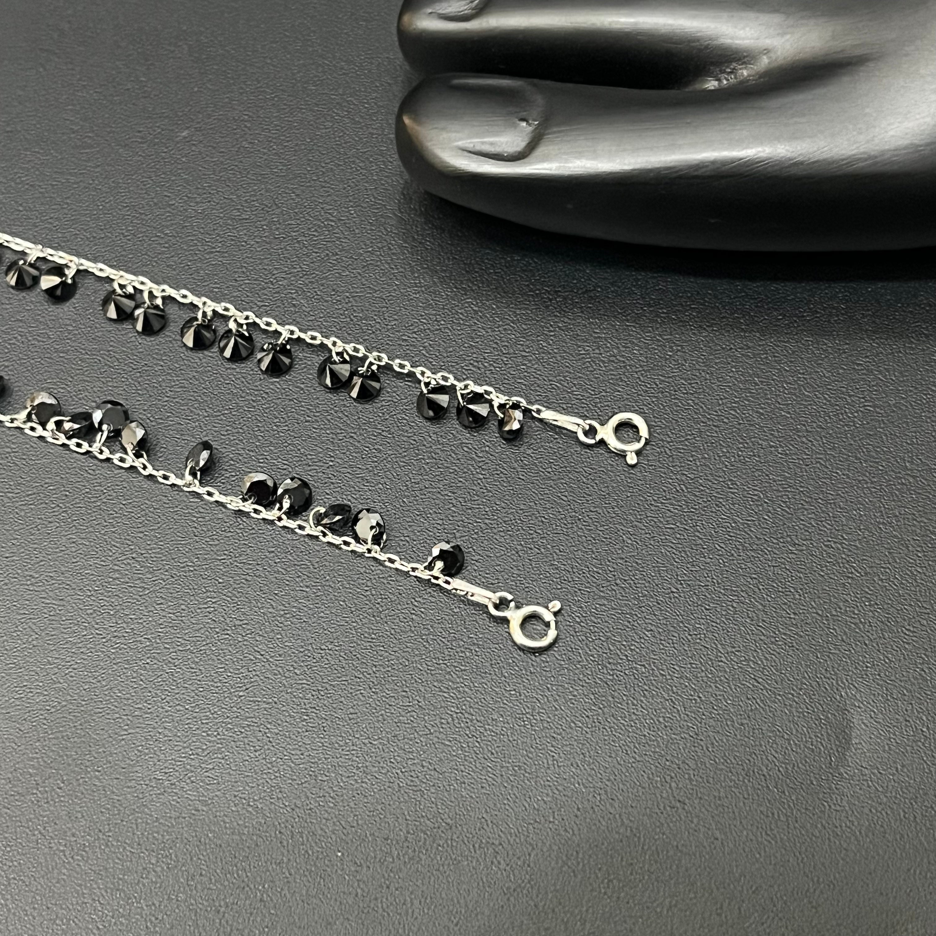 Silver Ladies Anklet Balck Beads Charms