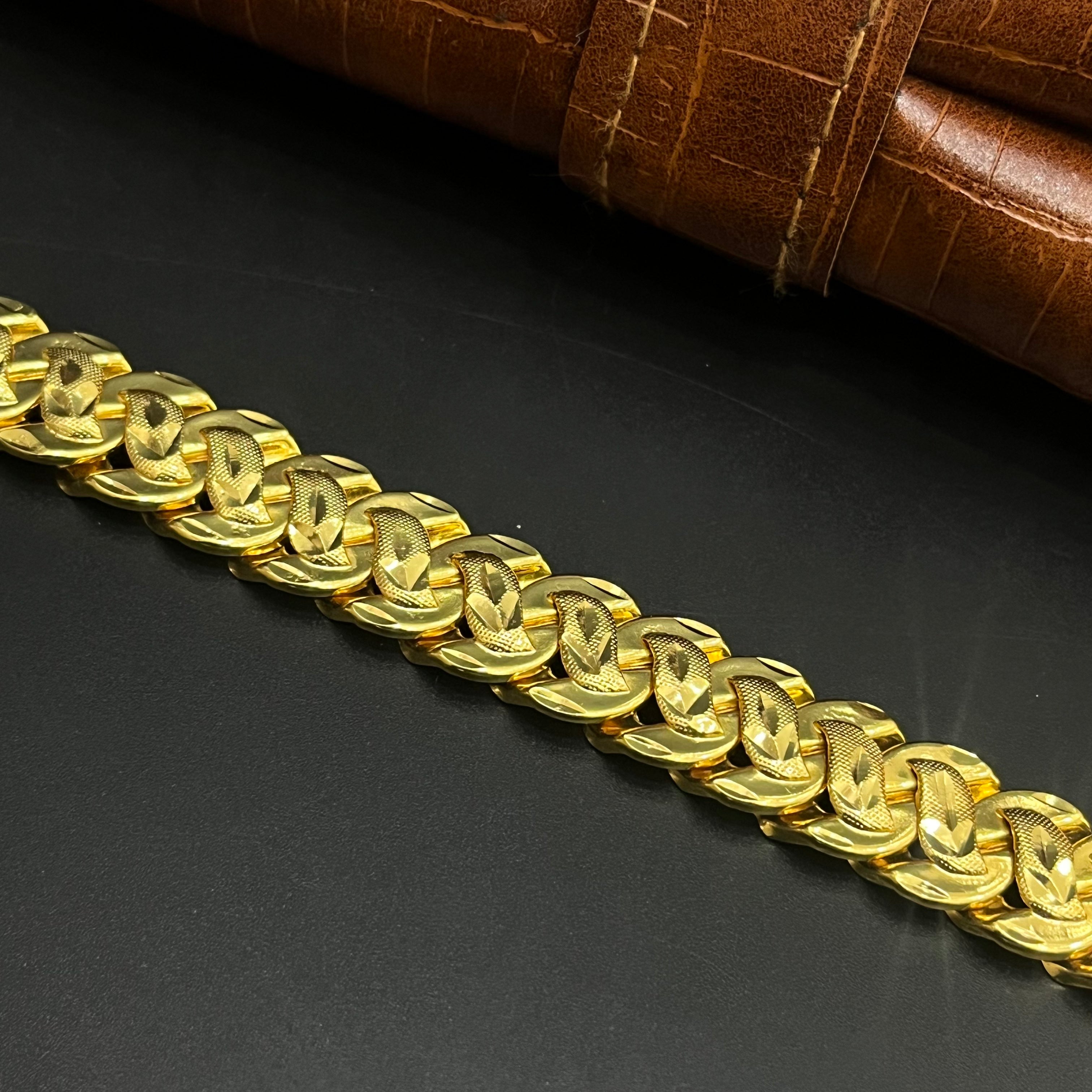 Silver Mens Bracelet Classic Sculpted Leaf Gold Finish 925