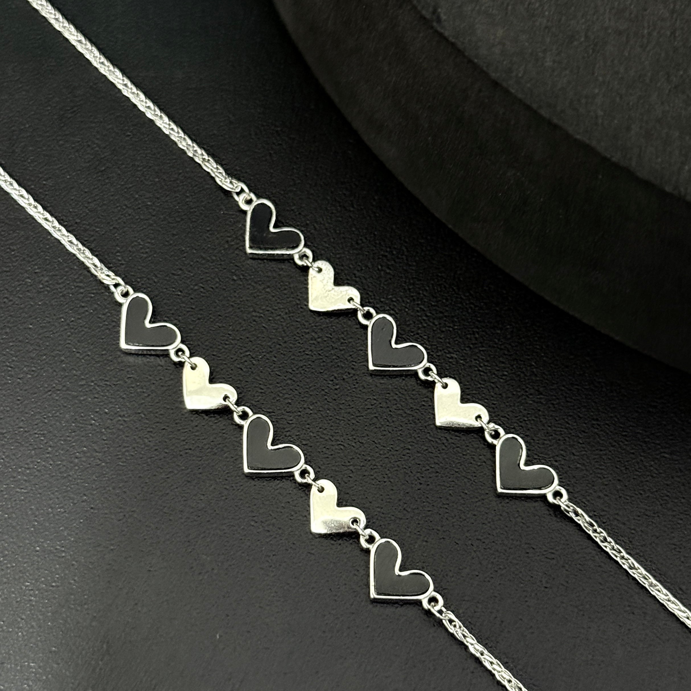 Silver Ladies Anklet_Black & White Strings Of Heart