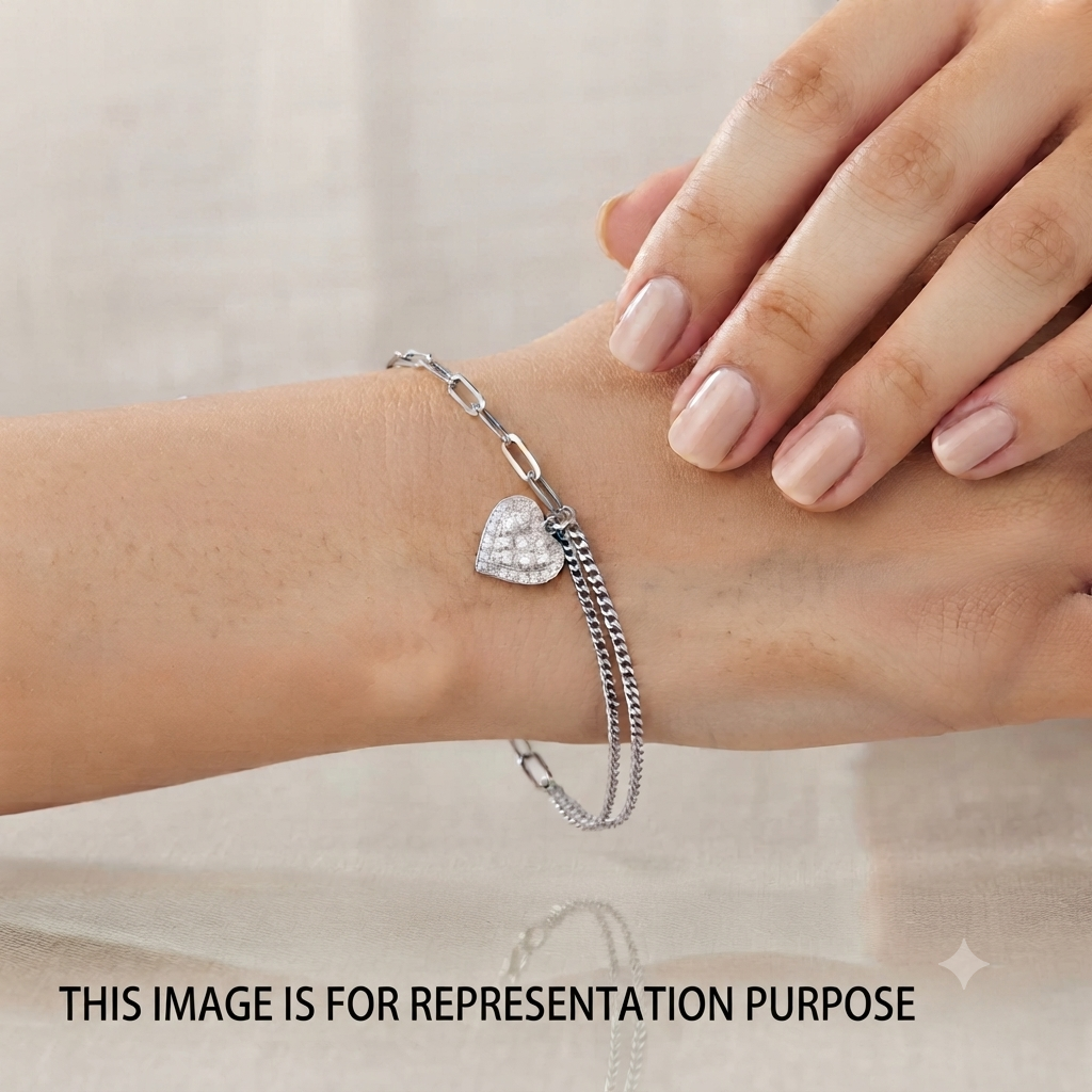 Silver Ladies Bracelet Two Line Heart White Stone 925