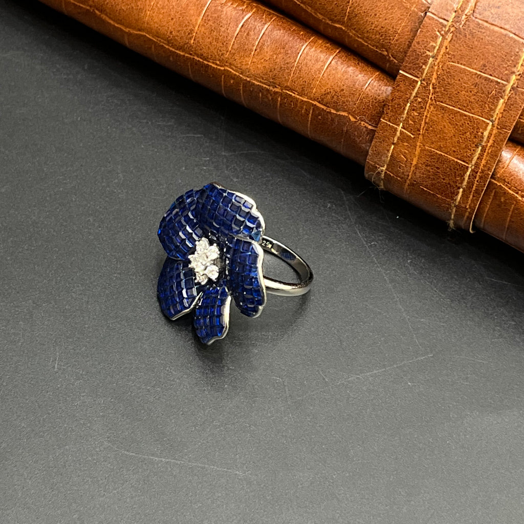 Silver Ladies Ring Ocean Blue Flower Crystal 925