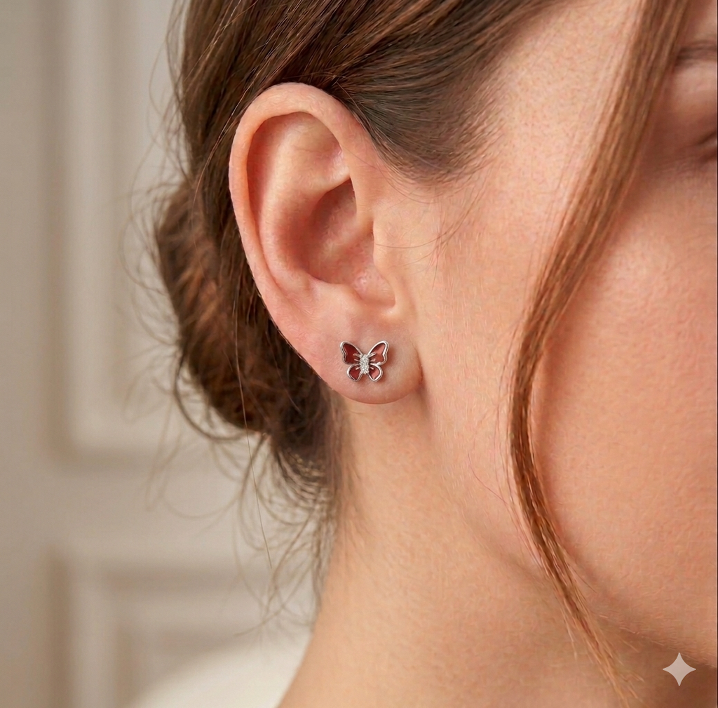 Silver Ladies Stud Butterfly Red SS