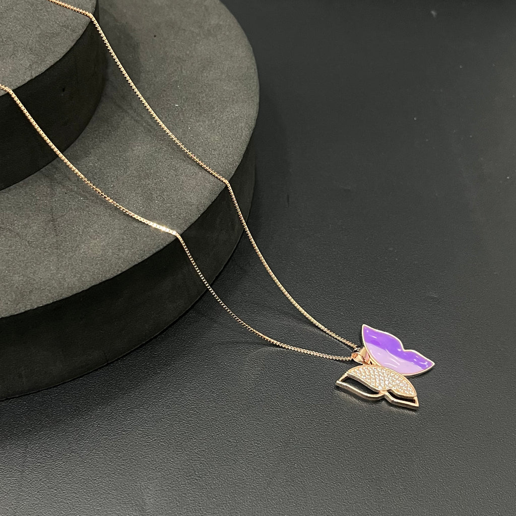 Silver Ladies Pendant Chain Purple Butterfly Rosegold