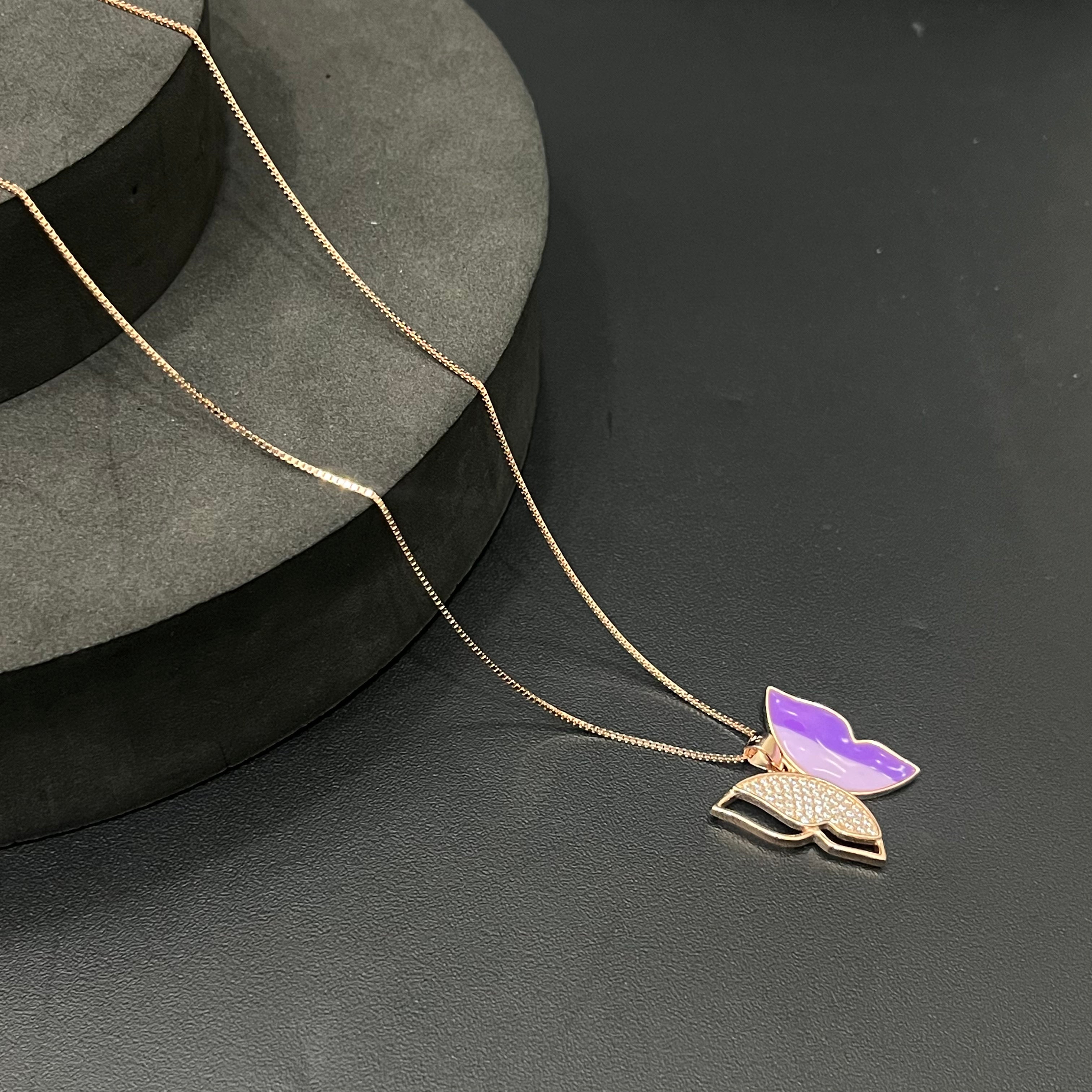 Silver Ladies Pendant Chain Purple Butterfly Rosegold
