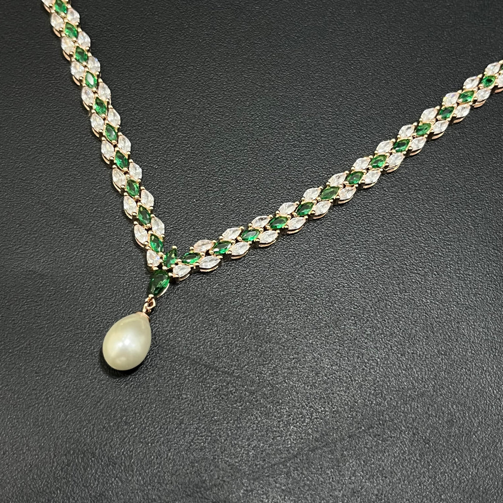 Silver Necklace American Diamond White & Green Stone Rosegold Finished