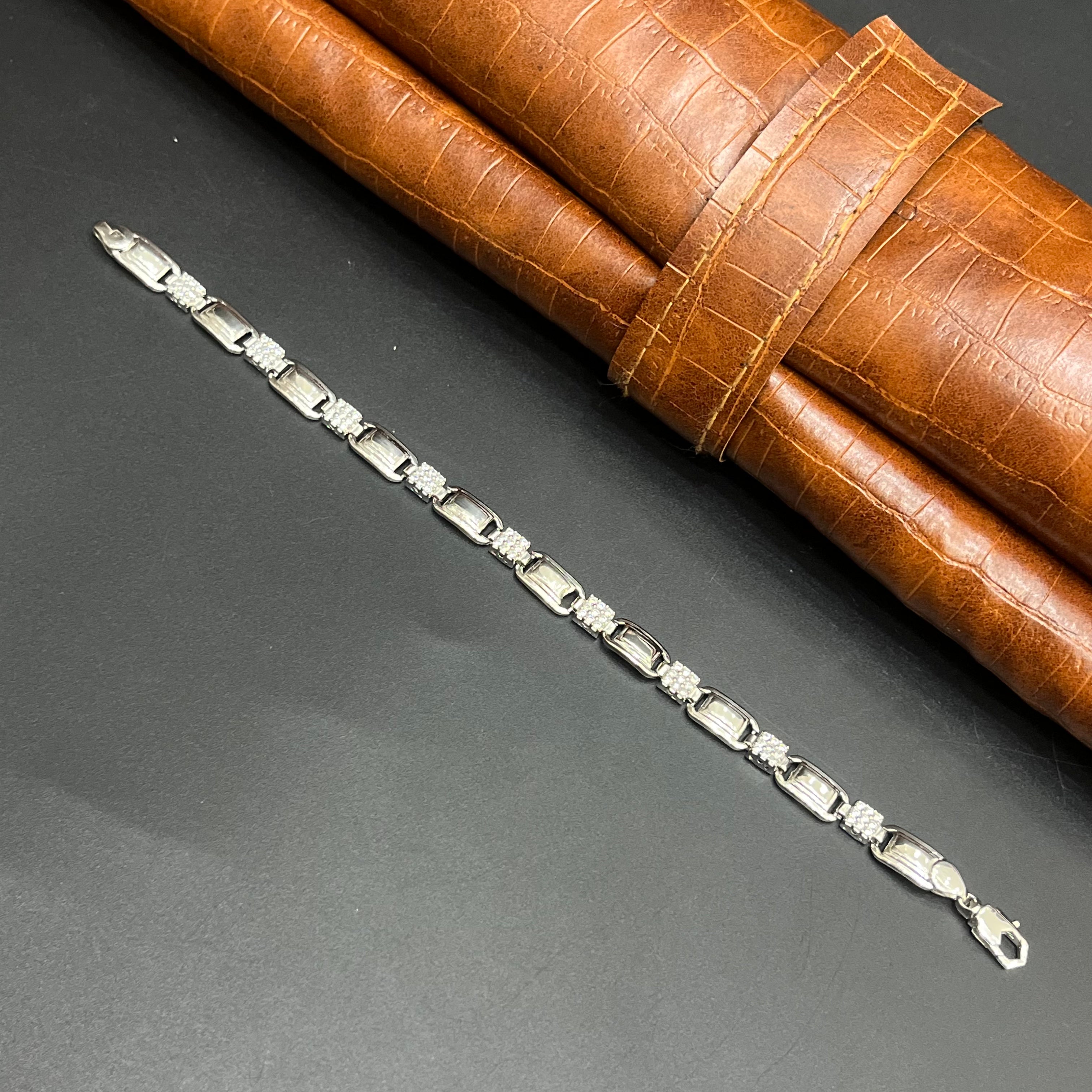 Silver Mens Bracelet Luxe Rectangular Link 925