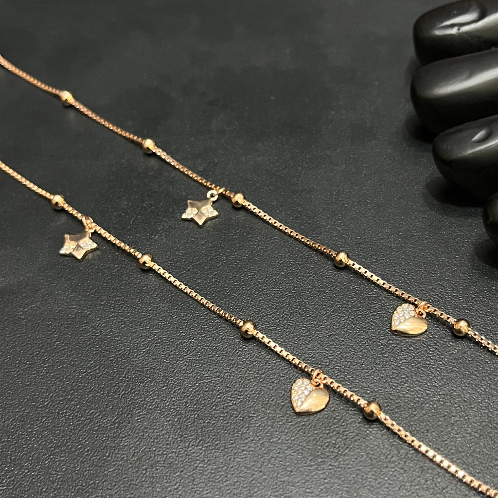Silver Ladies Anklet Golden Heart & Floral Charm Rose Gold 925