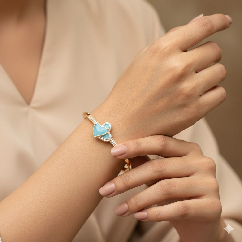 Silver Ladies Kada Heart Blue Rosegold