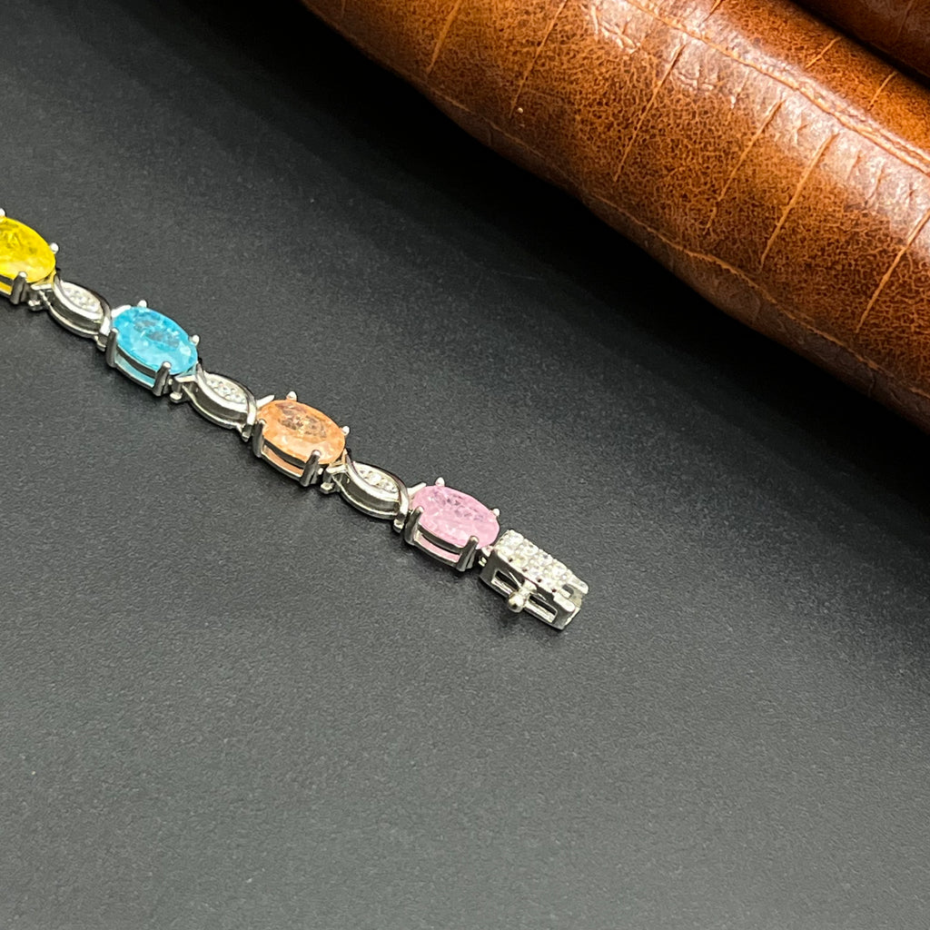 Silver Ladies Bracelet Rainbow Crystal Oval Link M02 925