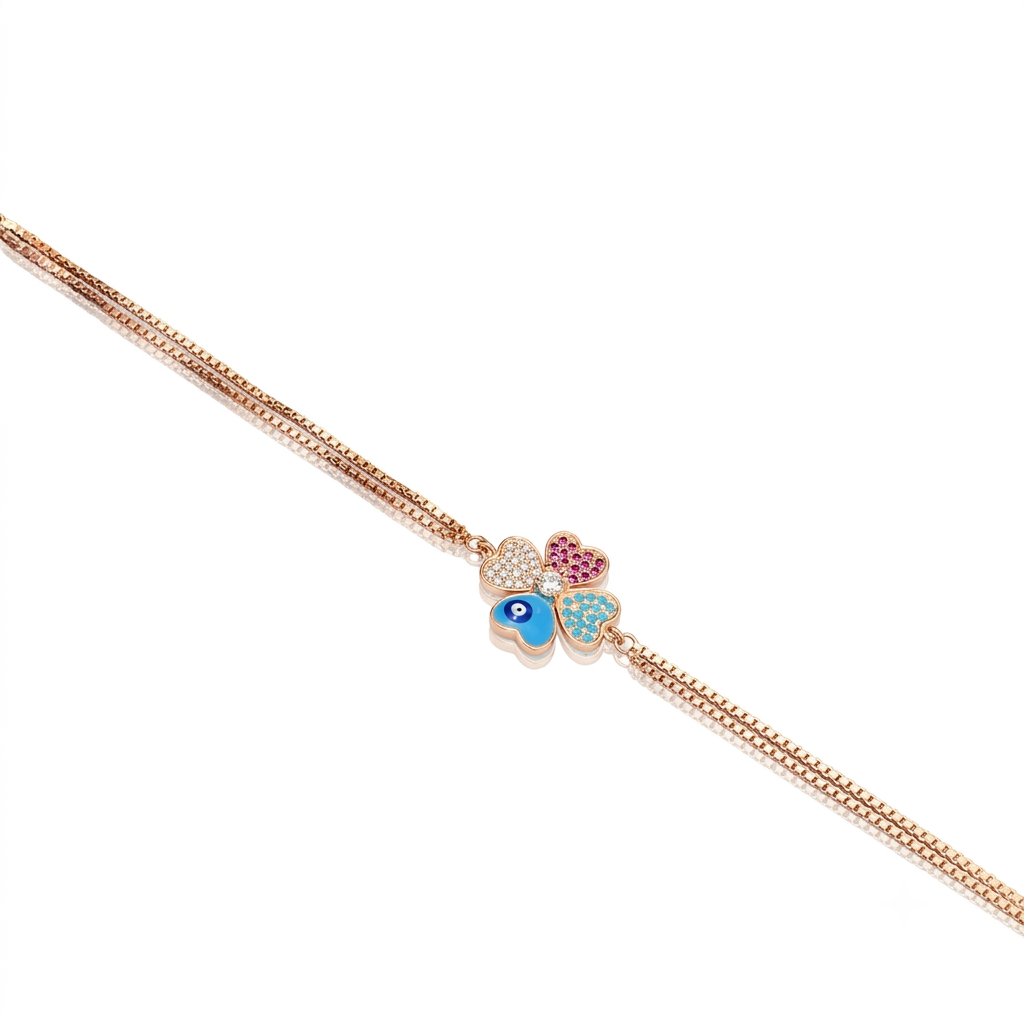 Silver Ladies Bracelet Multicolor Heart Charms Two Link  Rose Gold 925