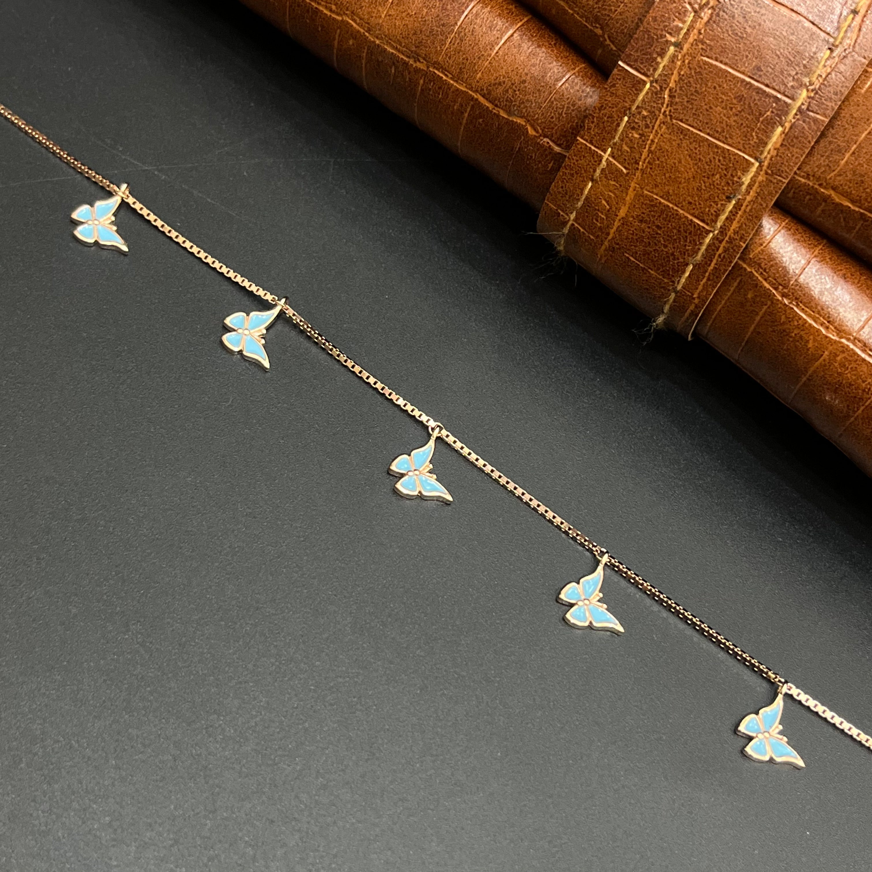 Silver Ladies Pendant Chain Set Butterfly Blue Print Stud Rose Gold 925
