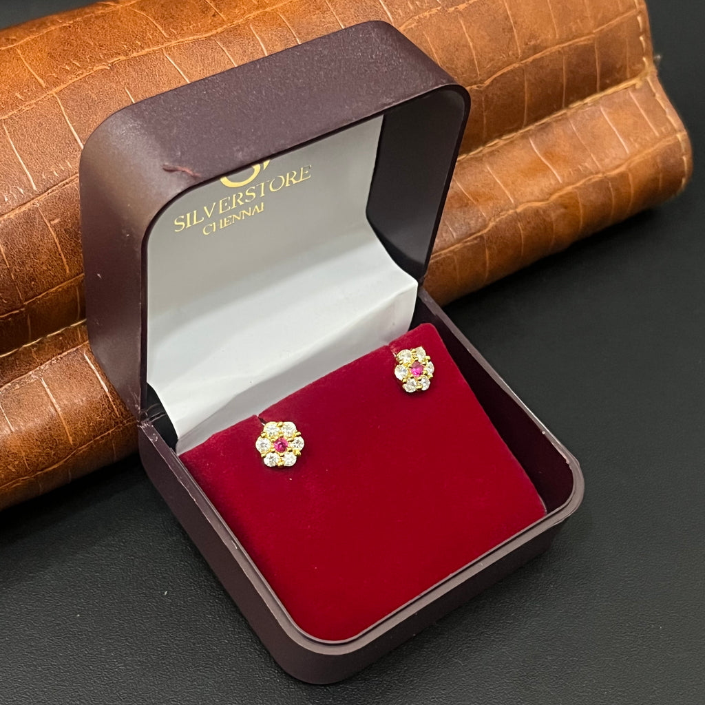 Silver Ladies Stud Flower white And Pink Stone Gold Finished 925