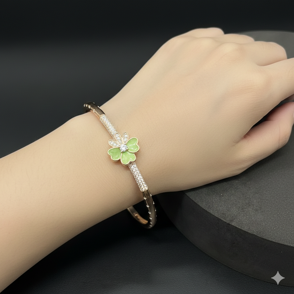 Silver Ladies Kada Flower Green Rosegold