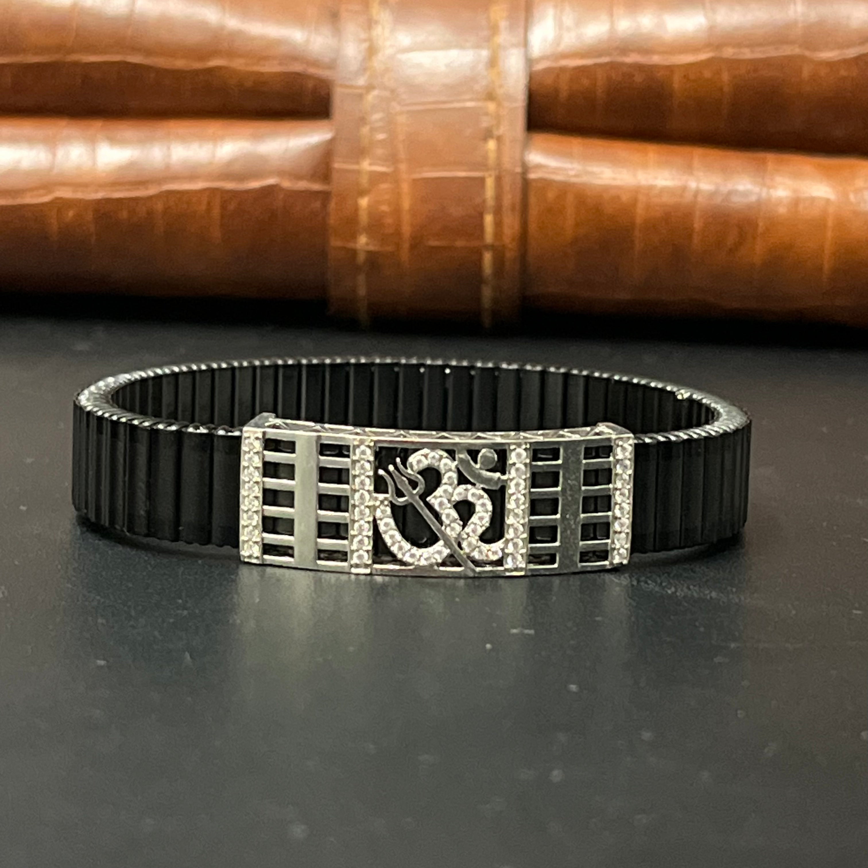 Silver Mens Flexible Bracelet Shiv om Trishul 925