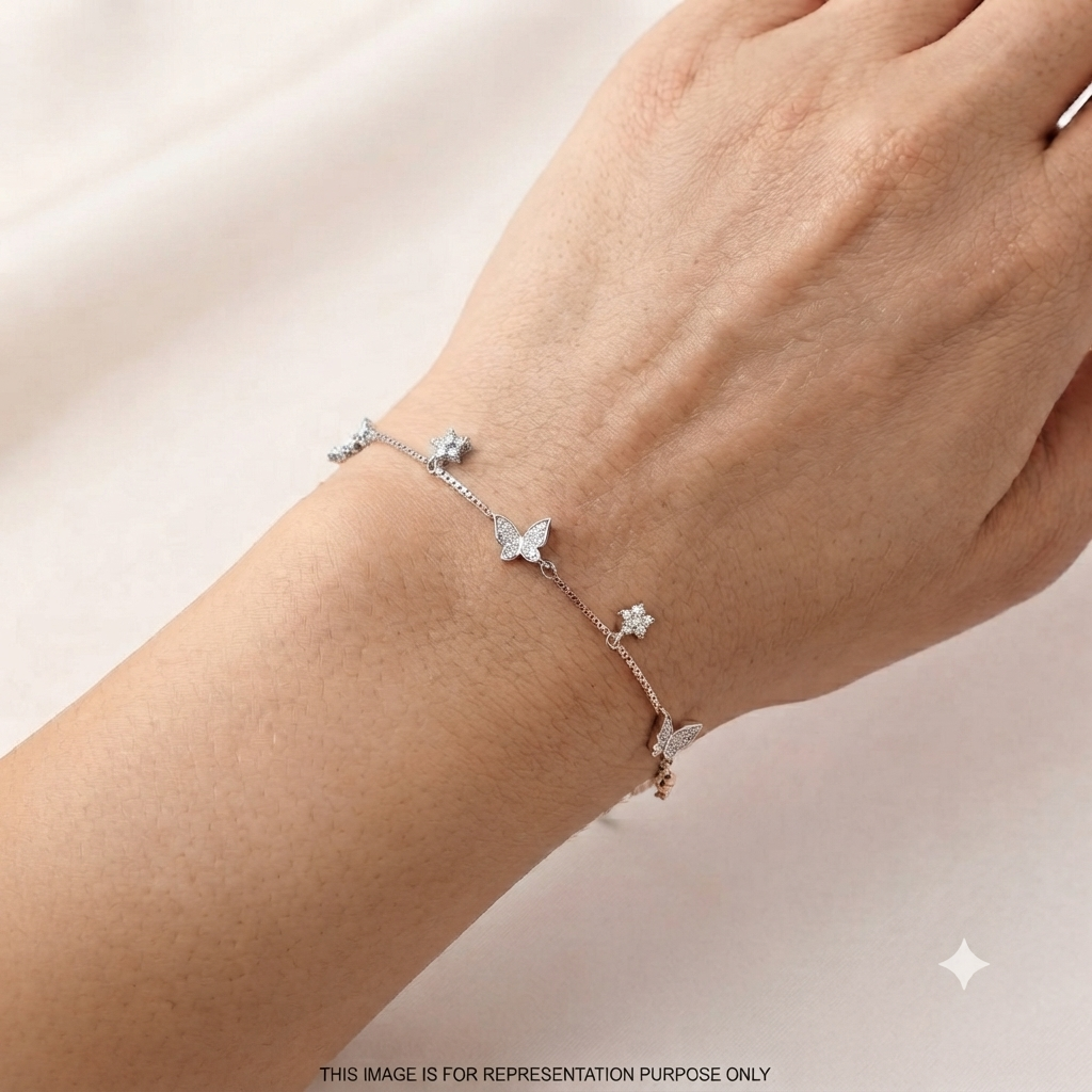 Silver Ladies Bracelet Three Butterfly & White Stars Charms 1 925