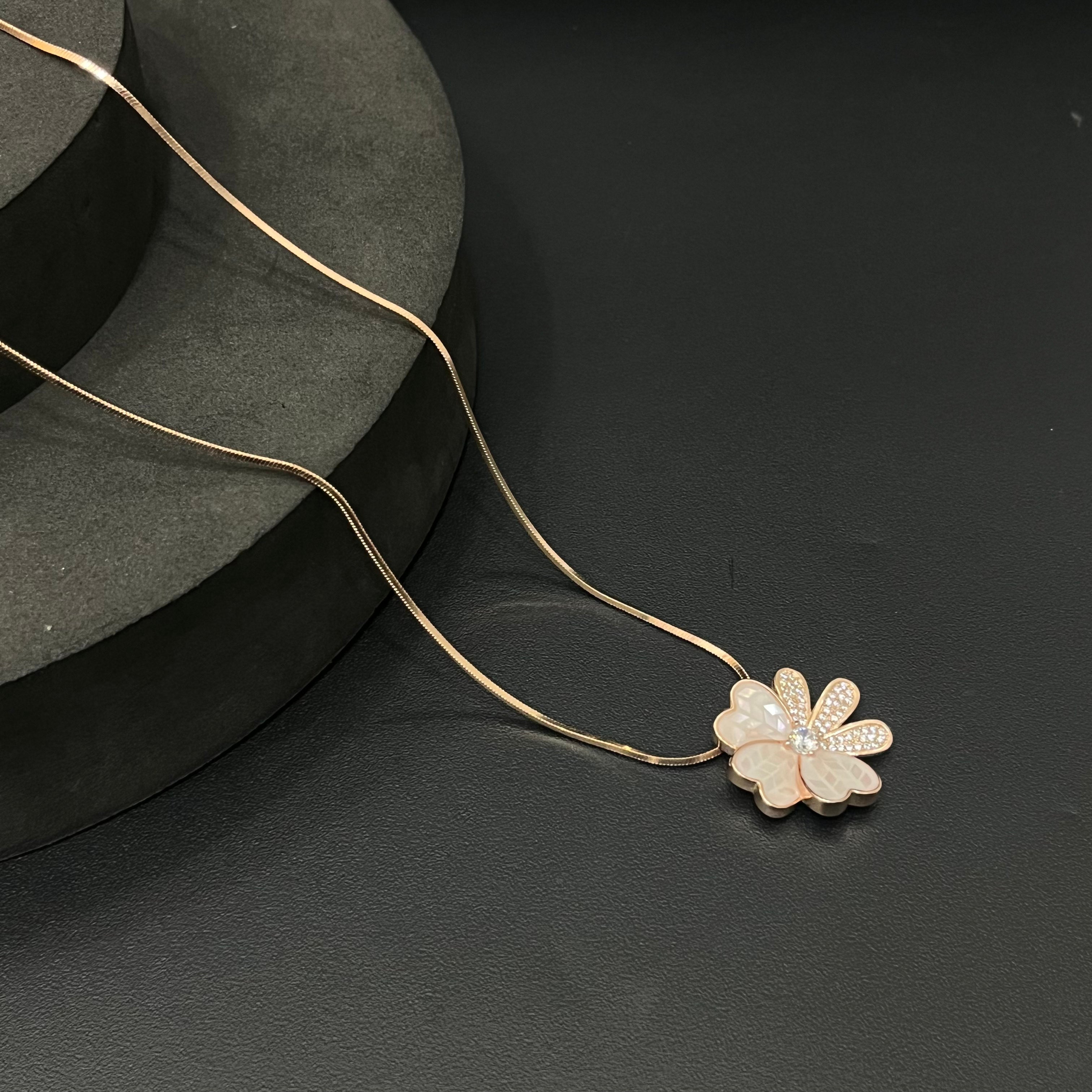 Silver Ladies Pendant Chain Flower Petals Rosegold