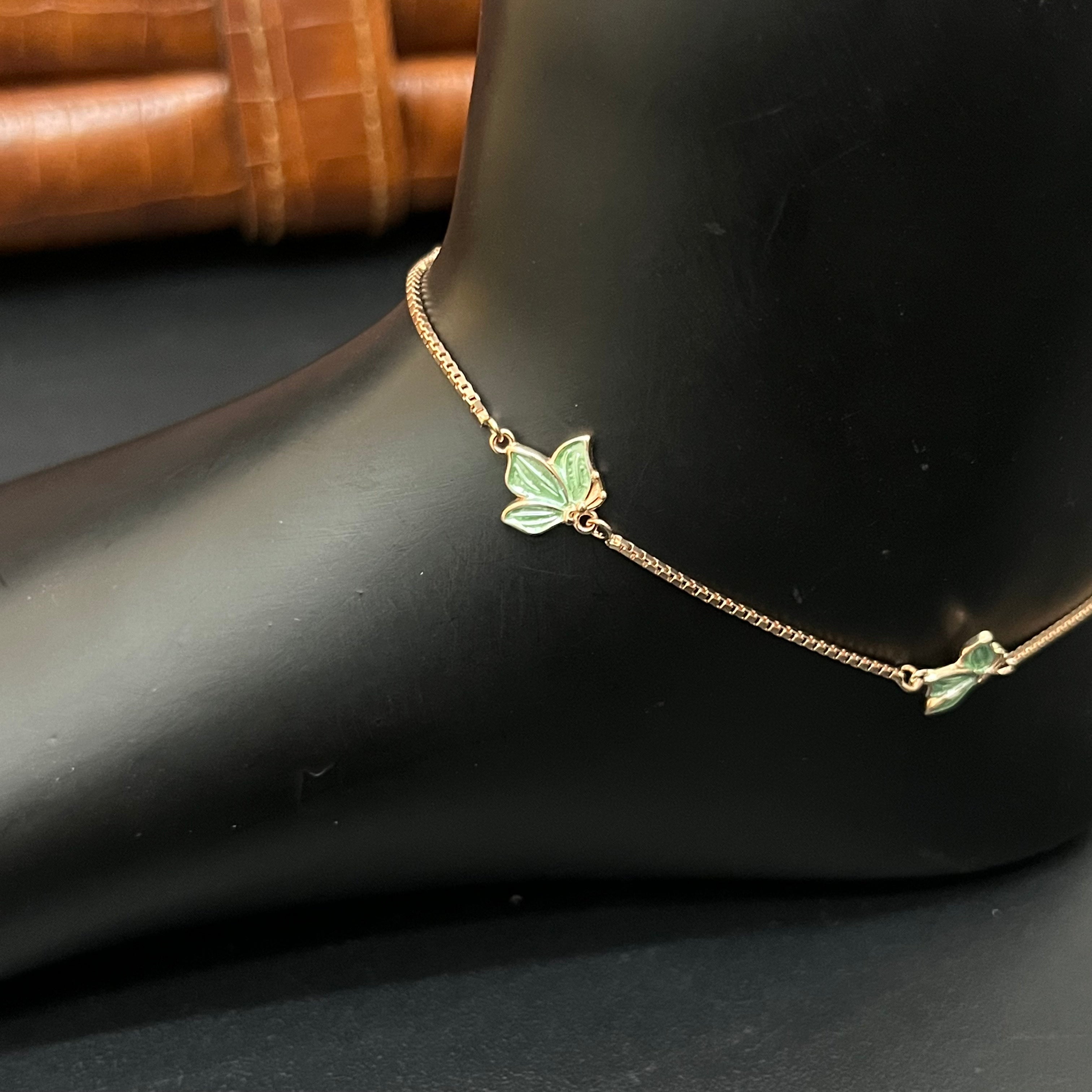 Silver Ladies Anklet Green Butterfly
