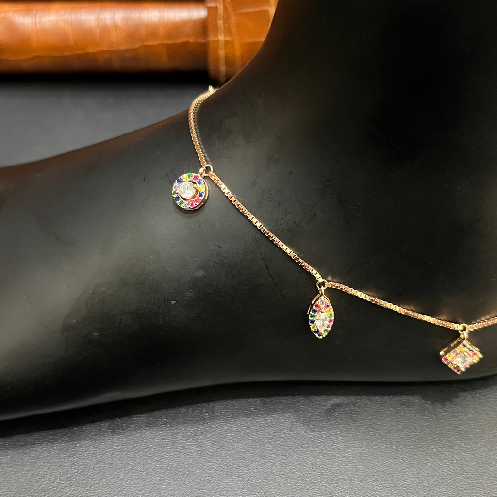 Silver Ladies Anklet Luxury Multicolor Stone Charms Rose Gold 925