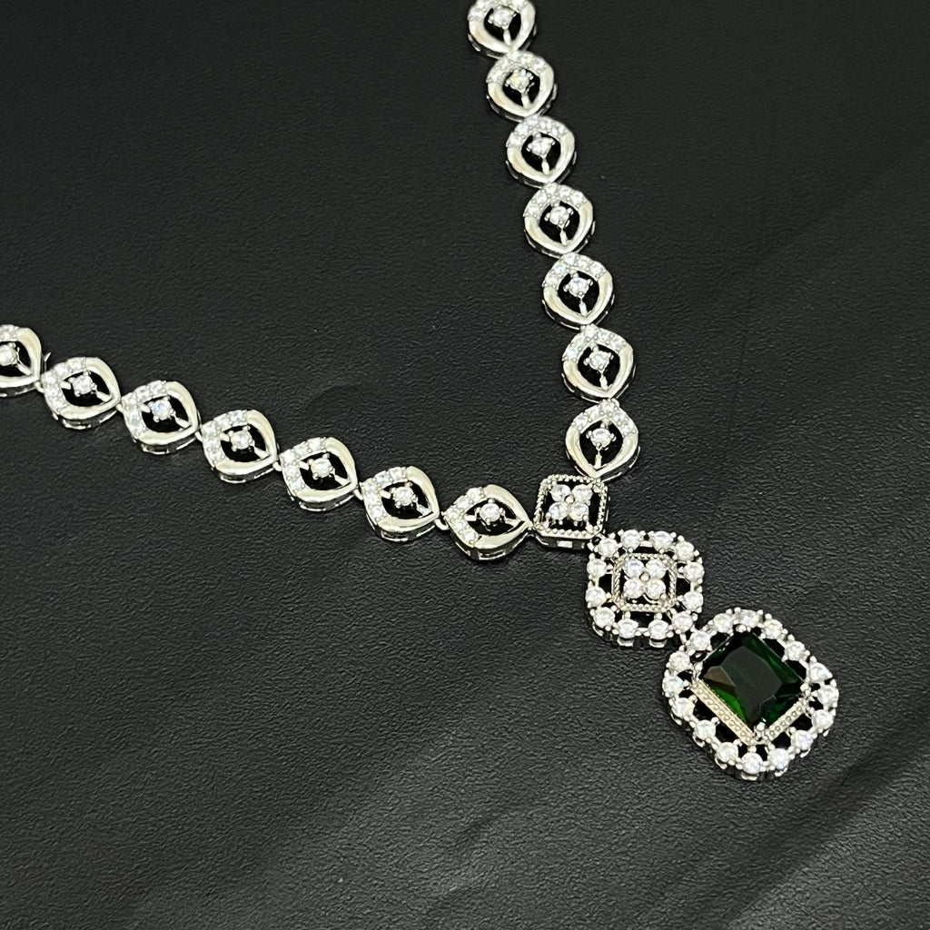 Pure Silver CZ American Diamond Necklace with Emerald Drop Stones