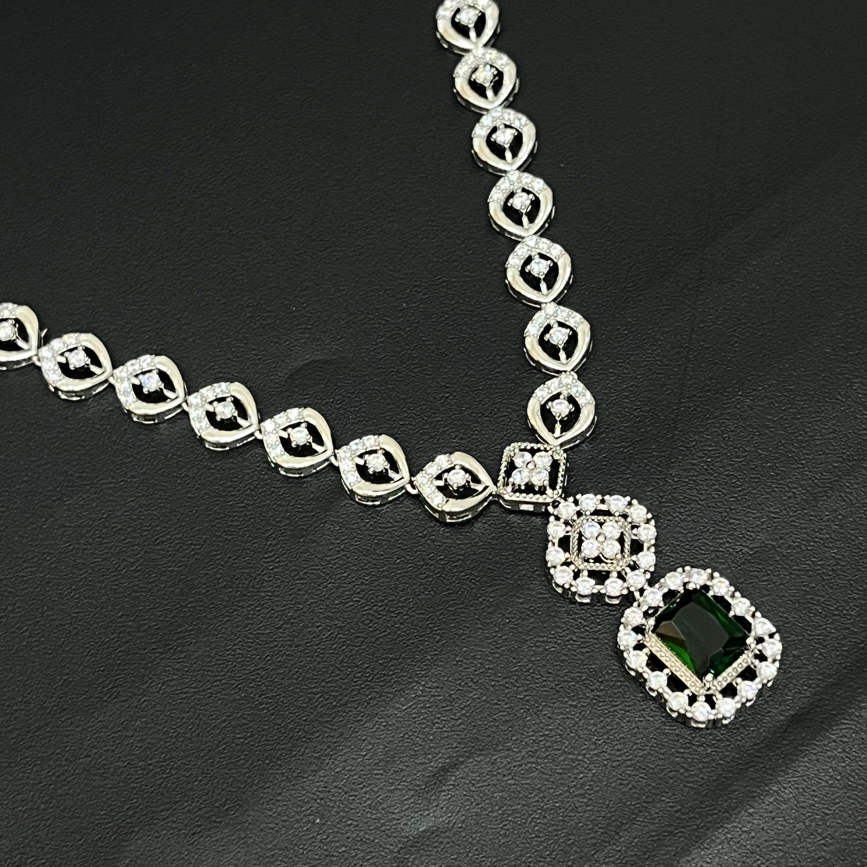 Pure Silver CZ American Diamond Necklace with Emerald Drop Stones